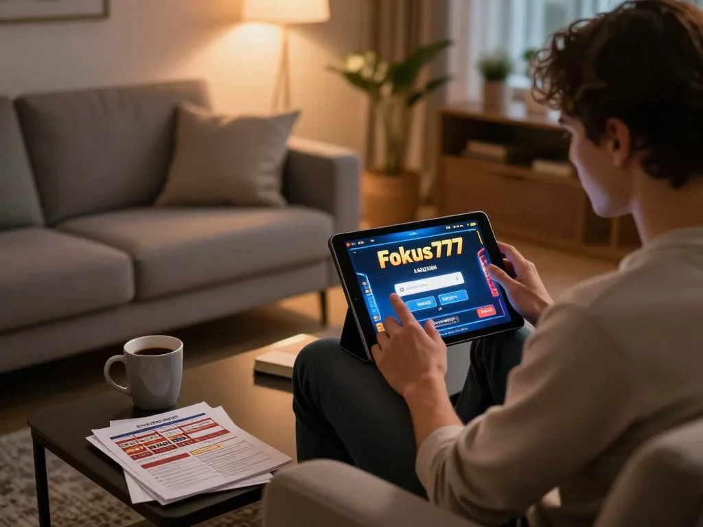 Engaging home scene with Fokus777 login displayed on a tablet, depicting a relaxed gaming experience.