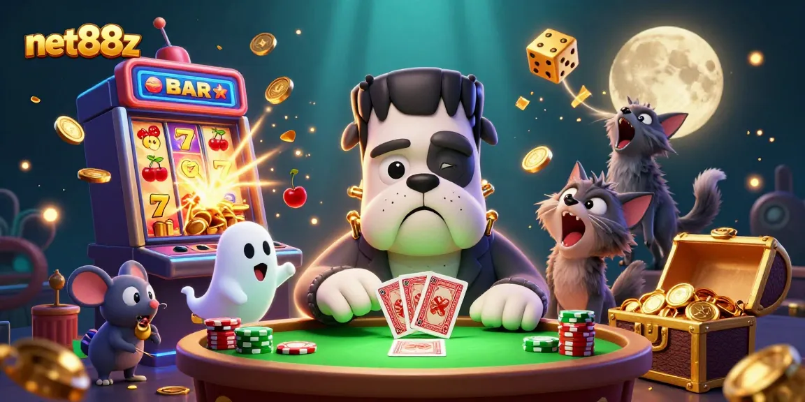 Experience thrilling gameplay at net88z with a lively 3D casino scene featuring unique characters.