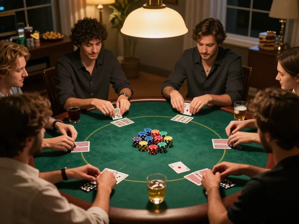 Friends enjoy a lively poker night at home, showcasing a vibrant poker game with strategic gameplay at RR88.