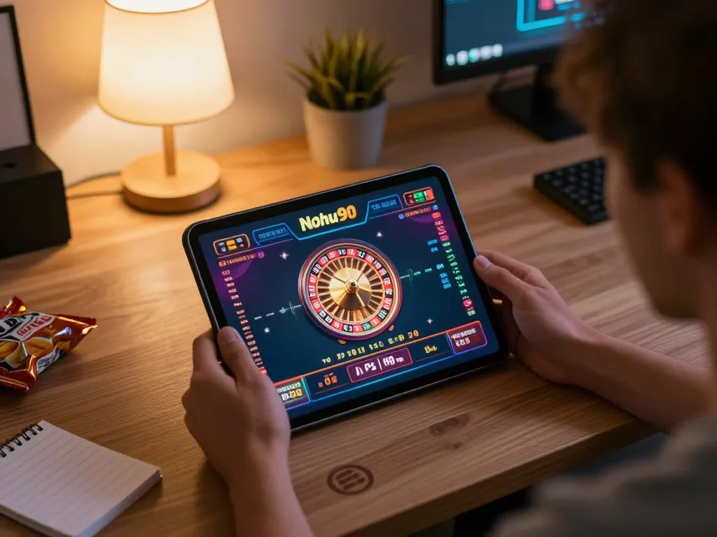 Nohu90 player enjoying online live casino action with colorful graphics on tablet.