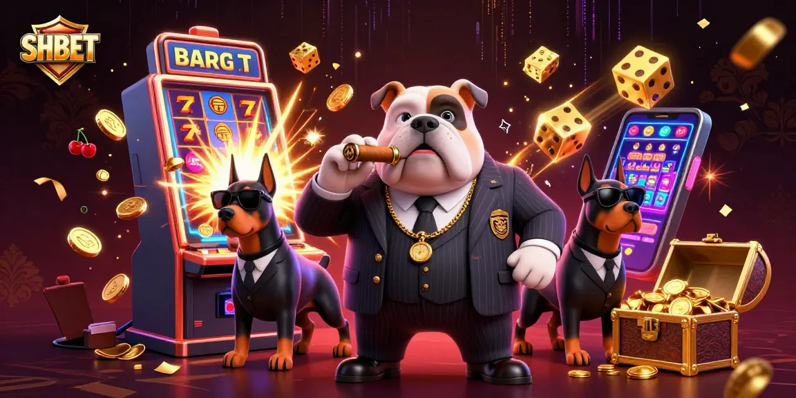 Engage with SHBET's thrilling casino experience featuring a 3D mafia bulldog amid dynamic jackpot symbols.