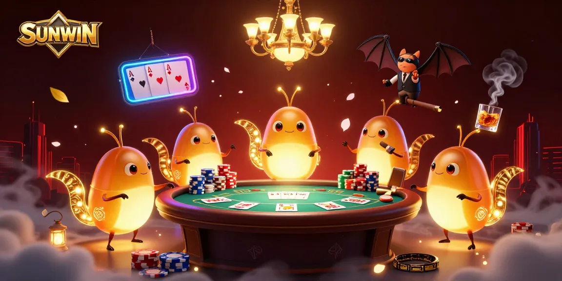 SUNWIN illuminates a vibrant casino scene with glowing glowworms and a bat dealer in a dynamic poker setting.