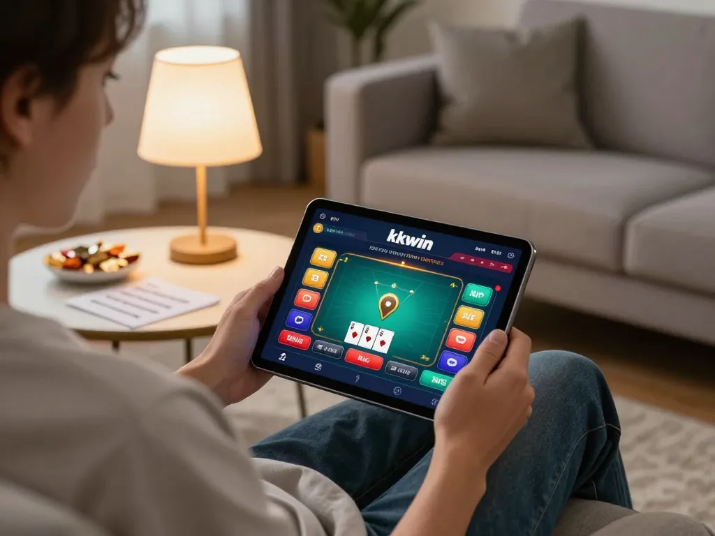 Play poker on kkwin apk using a tablet in a cozy home setting with warm lighting.