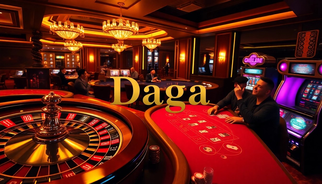 Daga casino scene with players engaged at roulette and blackjack tables.
