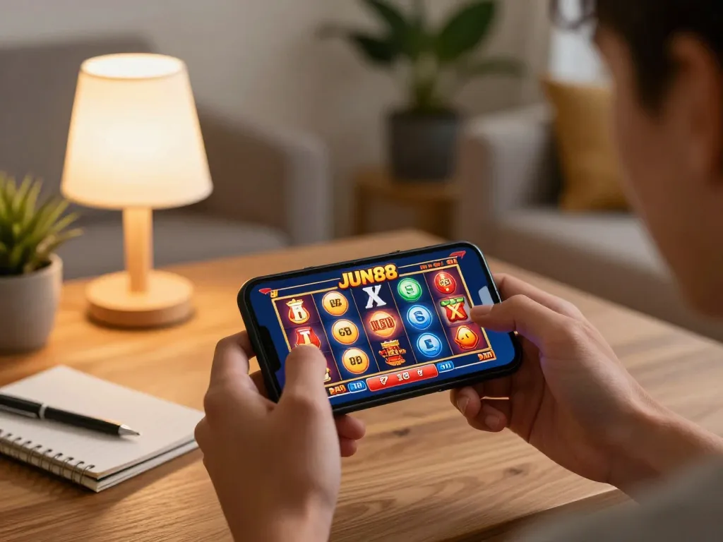 Player enjoying JUN88 casino app on smartphone in a cozy home setting.