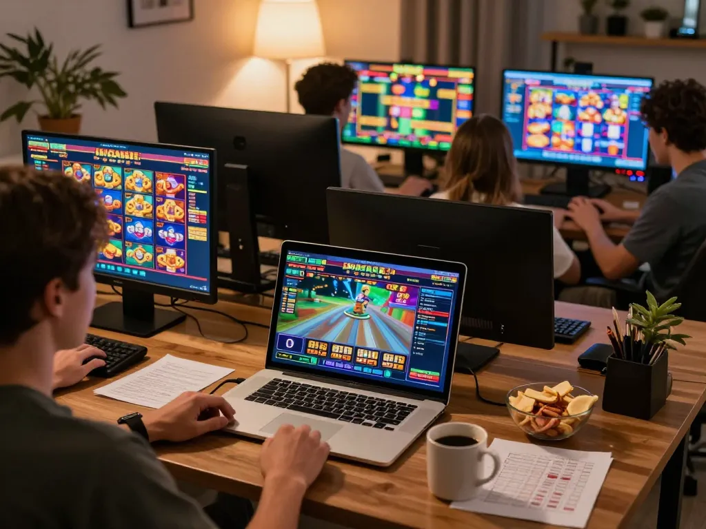 Engaging moment of players enjoying slot88 games on a laptop, showcasing online casino excitement.