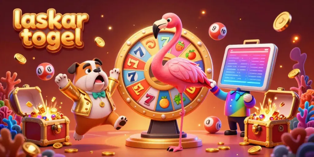 Laskar togel animated scene with a flamingo game show host and a bulldog contestant winning prizes with a prize wheel.