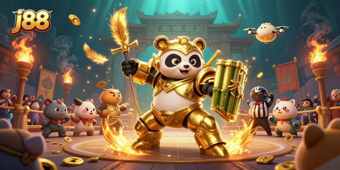 Experience thrilling action in j88 as a panda battles in a vibrant casino arena.