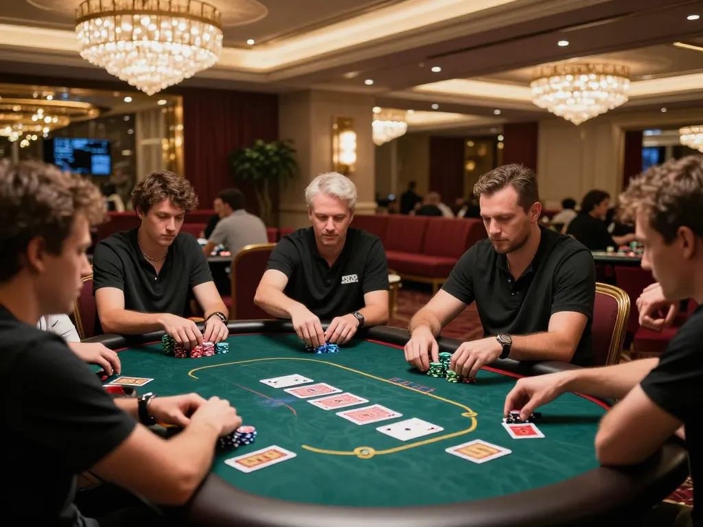 Engage in high-stakes poker with FC88 players at luxurious casino table showcasing intense strategy.