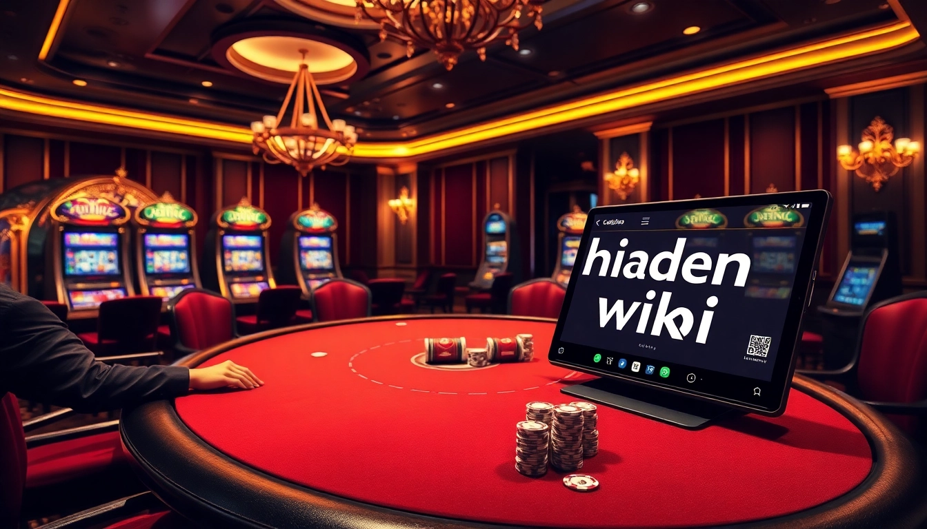 The hidden wiki showcases an exciting poker game in a luxurious casino setting, with vibrant slot machines in the background.