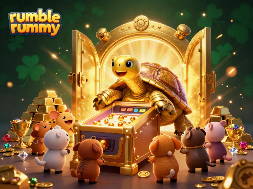 Engage with the Rumble Rummy experience featuring a cartoon tortoise, vibrant treasures, and playful animals.