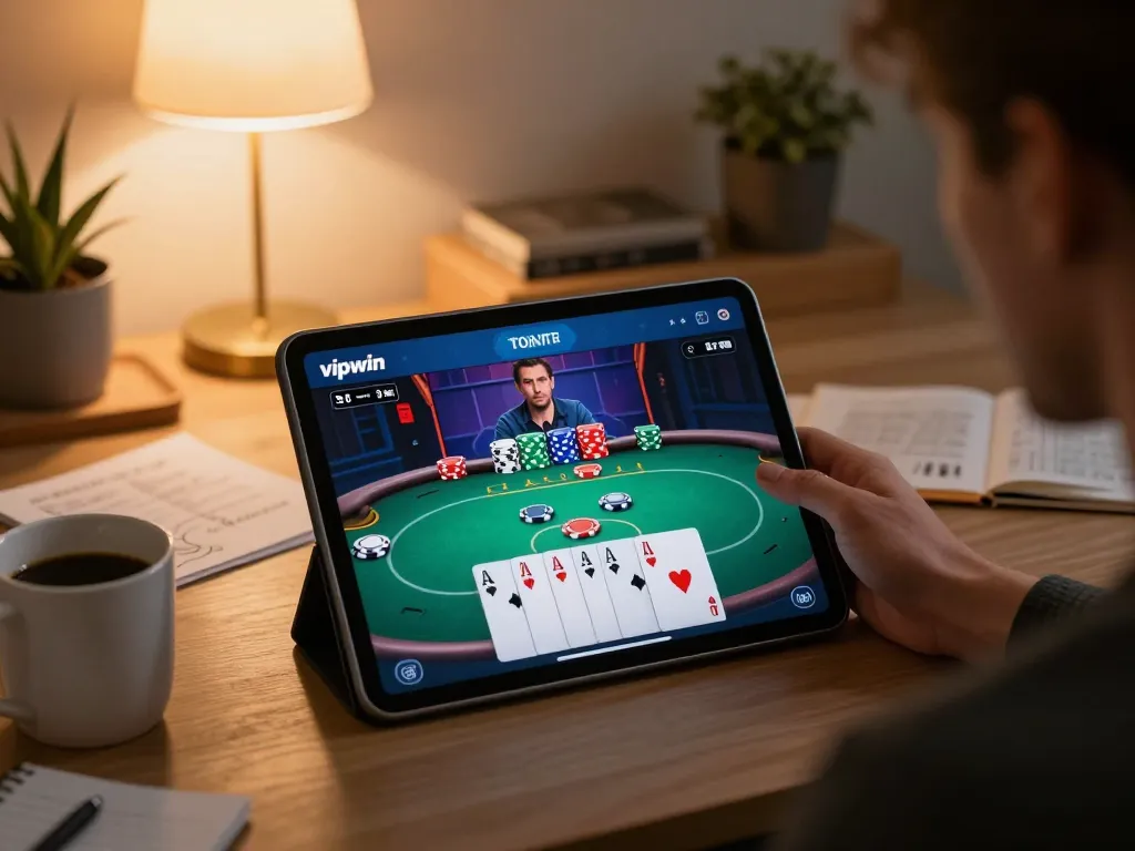 Engaging with the Vipwin app on a tablet during a cozy home gaming session.