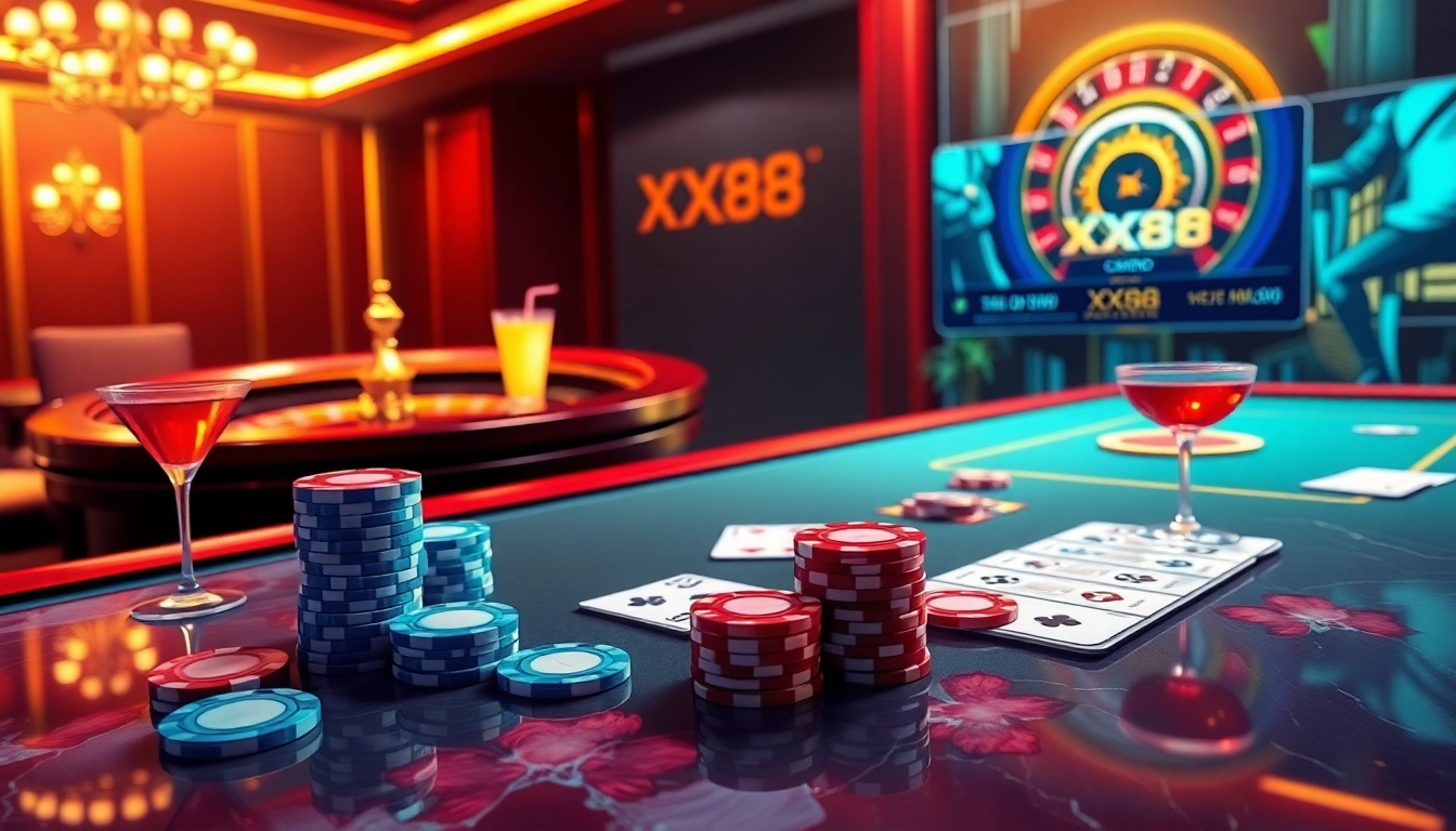 Betting enthusiast enjoying a game at XX88 online casino, surrounded by luxury gaming elements.