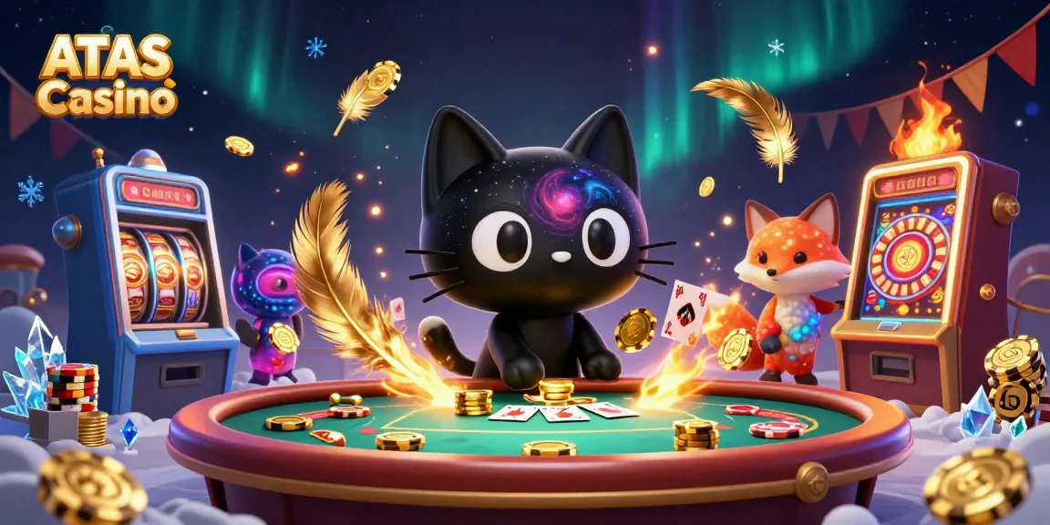 Experience excitement at ATAS Casino with a cosmic theme featuring a black hole cat pulling in chips and cards.
