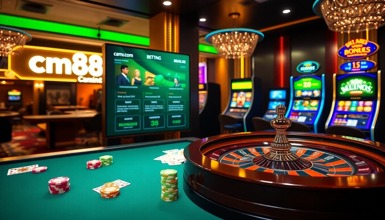 Experience online gambling thrills at cm88.com with vibrant casino tables and poker chips.