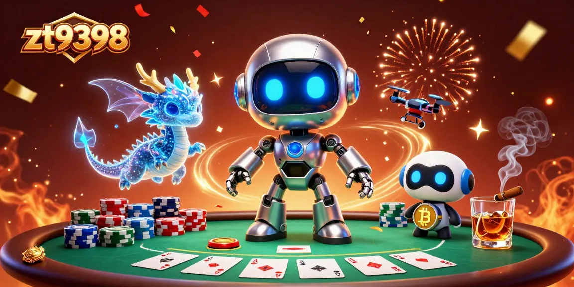 Experience thrilling gameplay at zt9398 with a cyberpunk robot and poker elements in a vibrant casino scene.