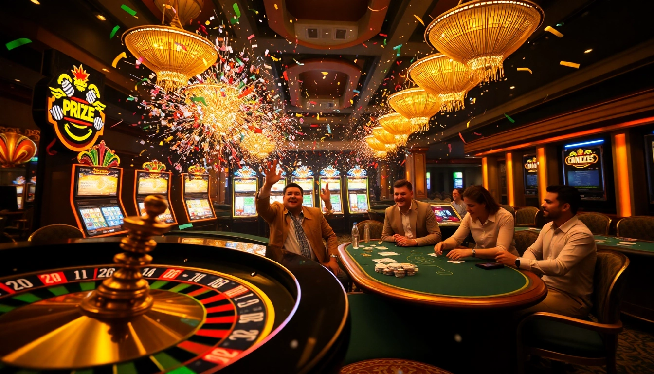 Explosion of a prize-winning lottery celebrated at a lively casino with roulette and poker.