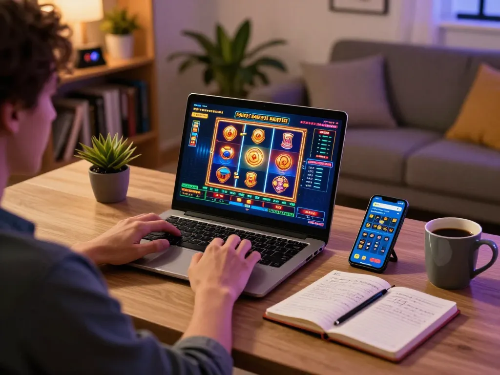 Engaging in exciting Canada online casinos with vibrant gameplay on a laptop, showing strategic notes and cozy home atmosphere.