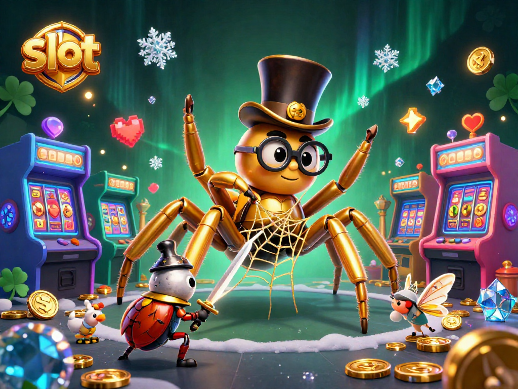 Engage with the vibrant slot gaming scene featuring a golden tarantula and beetle knight.