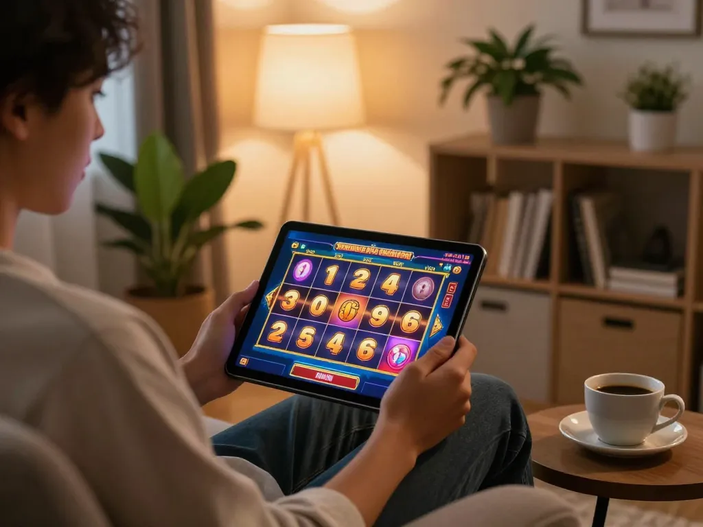 Enjoying online slot Malaysia games at home, engaging with vibrant tablet interface and comfortable atmosphere.