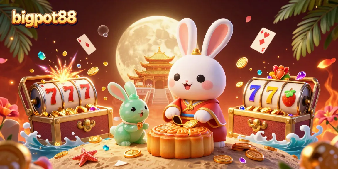 Spin slots and win bigpot88 prizes with the moon rabbit in this vibrant casino scene.