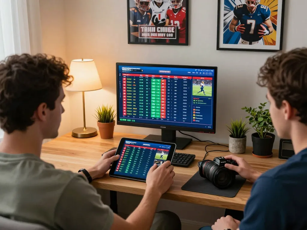 Bsport user placing bets on tablet in cozy home office, illustrating real-time engagement with sports betting.
