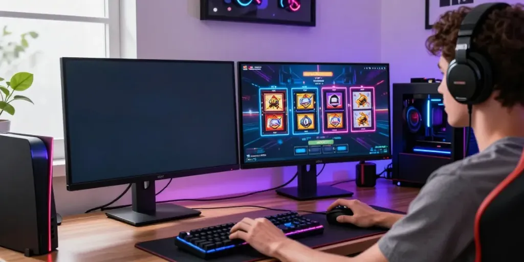 Gamer menikmati judi pragmatic online di komputer modern dengan permainan slot warna-warni.