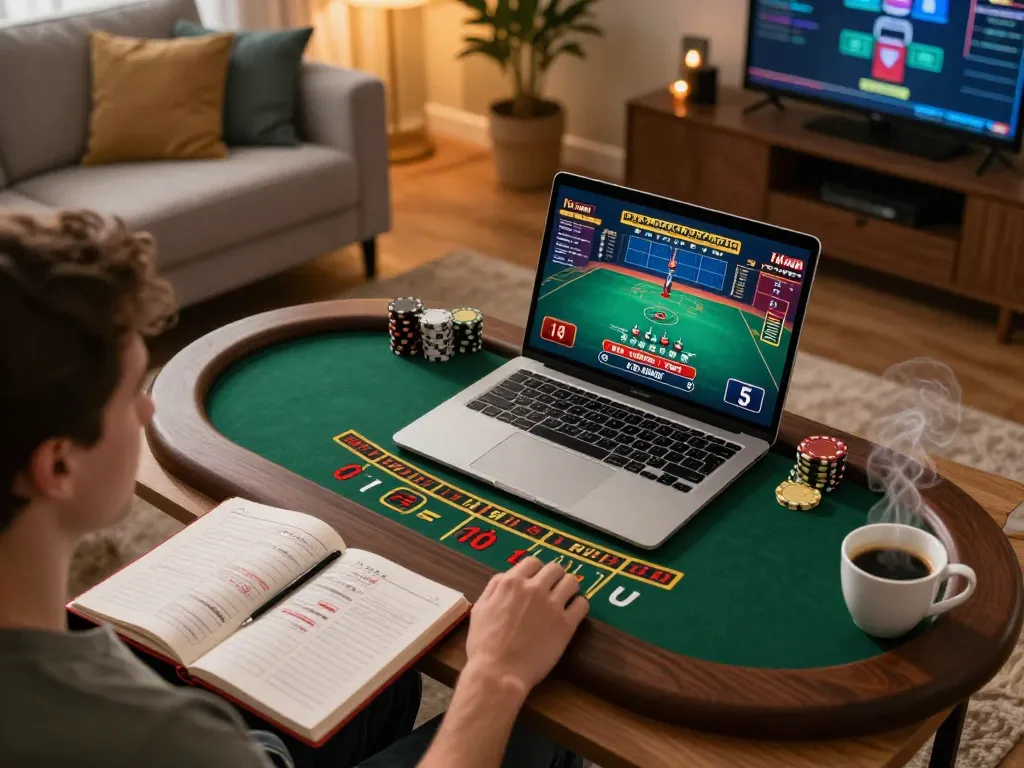 Player engaging with LV88 live dealer blackjack game on a laptop in a cozy home setting.