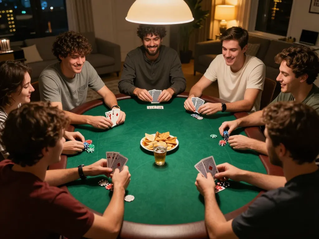 Menghabiskan malam poker king777 yang mendebarkan dengan teman-teman di rumah, menampilkan keterlibatan dan kebersamaan.
