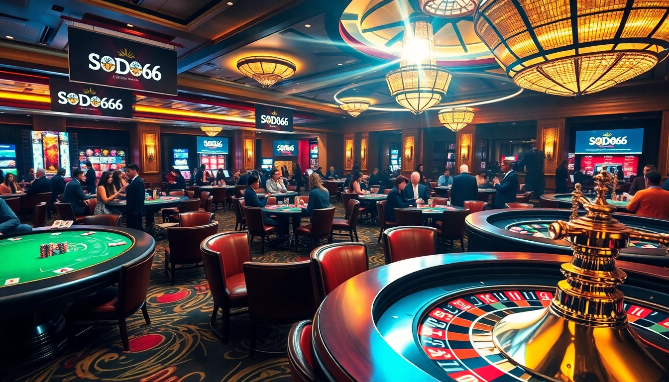 SODO66 casino scene with players at poker and roulette tables enjoying exciting gameplay.