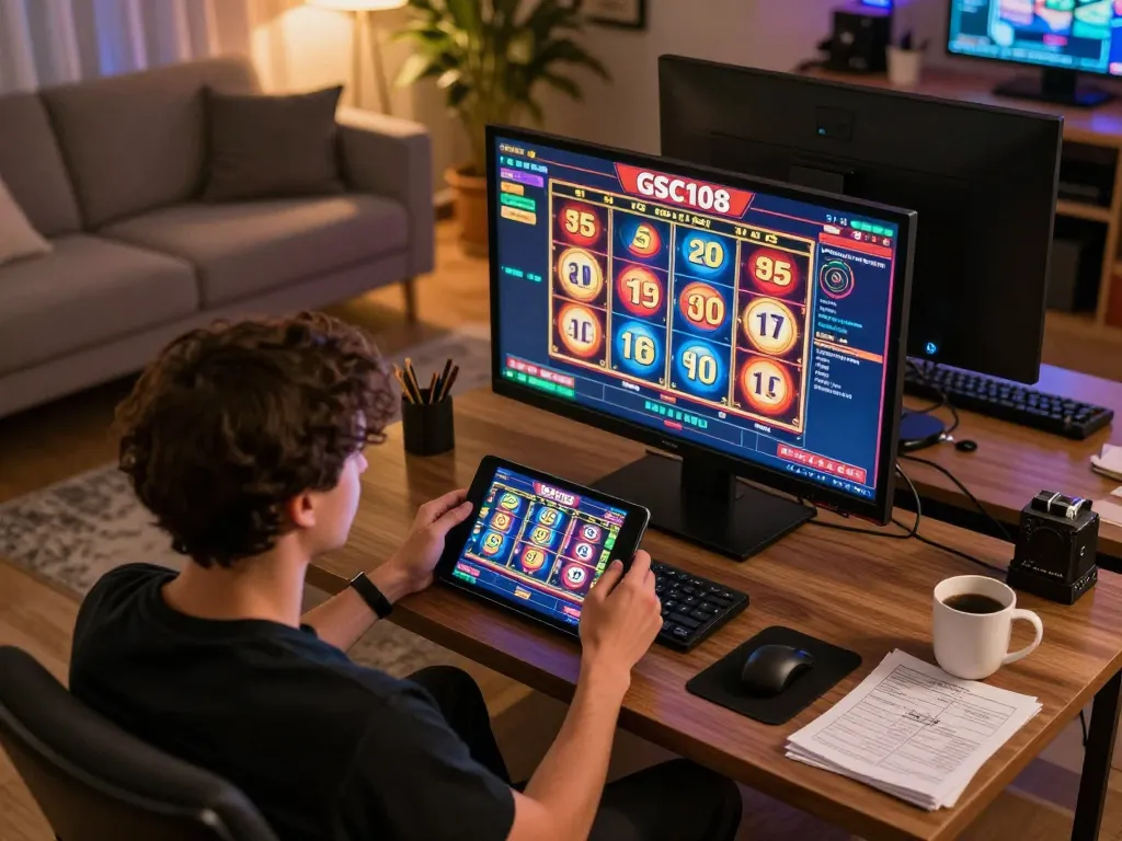 Pemain yang terlibat dengan Gsc108 Daftar di perangkat seluler dalam suasana rumah yang nyaman sambil menikmati permainan slot online