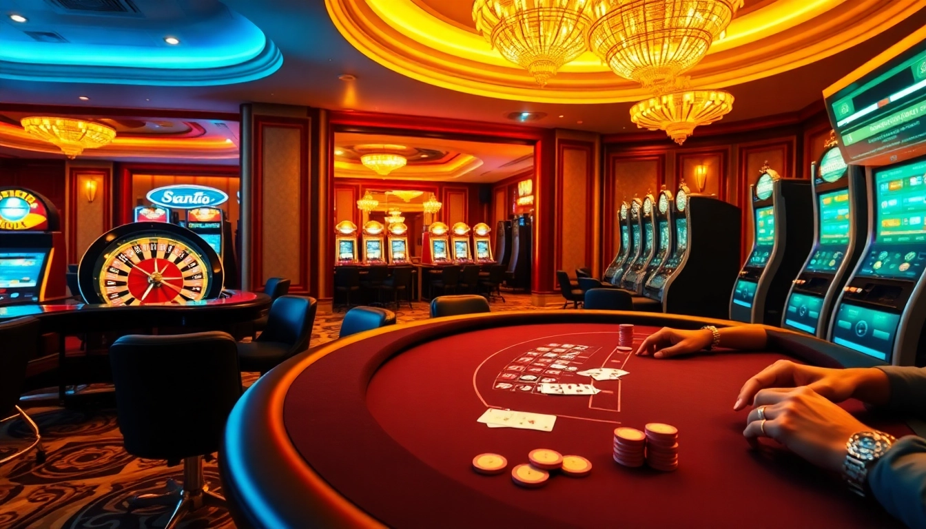 SODO casino excitement with players at a luxurious poker table and roulette wheel.