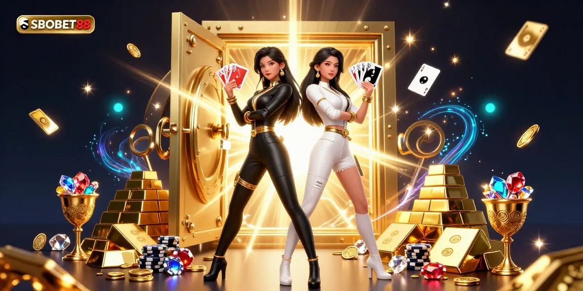 SBOBET88 showcases a dynamic scene with twin Asian women holding red and black playing cards amidst gold treasures.