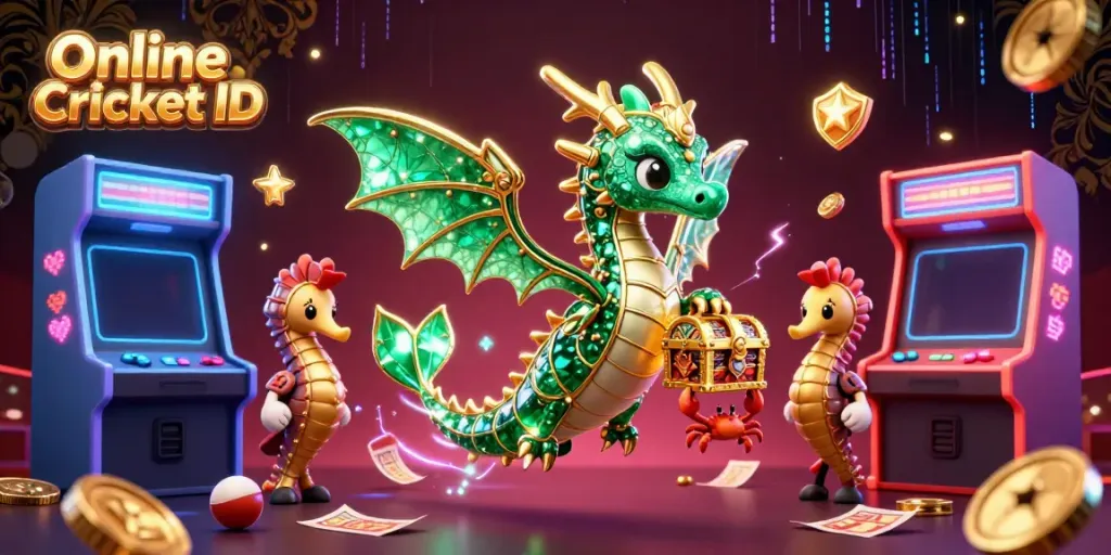 Experience Online Cricket ID with dynamic betting elements and vivid 3D characters in this vibrant sports-themed illustration.