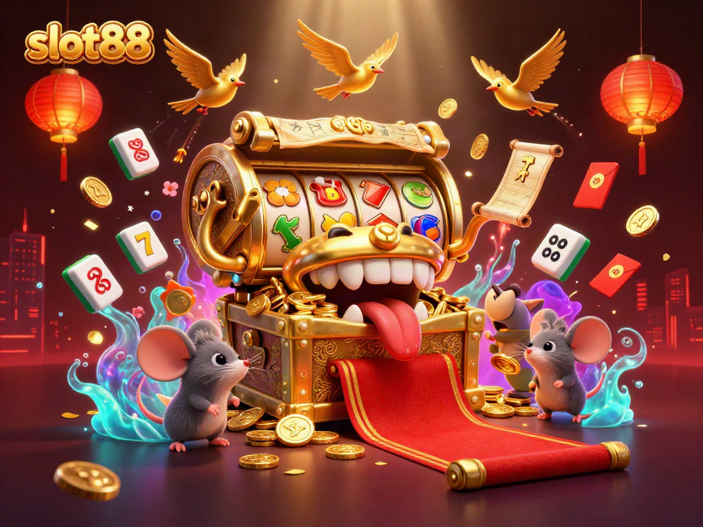 Engage with slot88's thrilling spin on traditional slots in a vibrant, rich 3D casino scene.