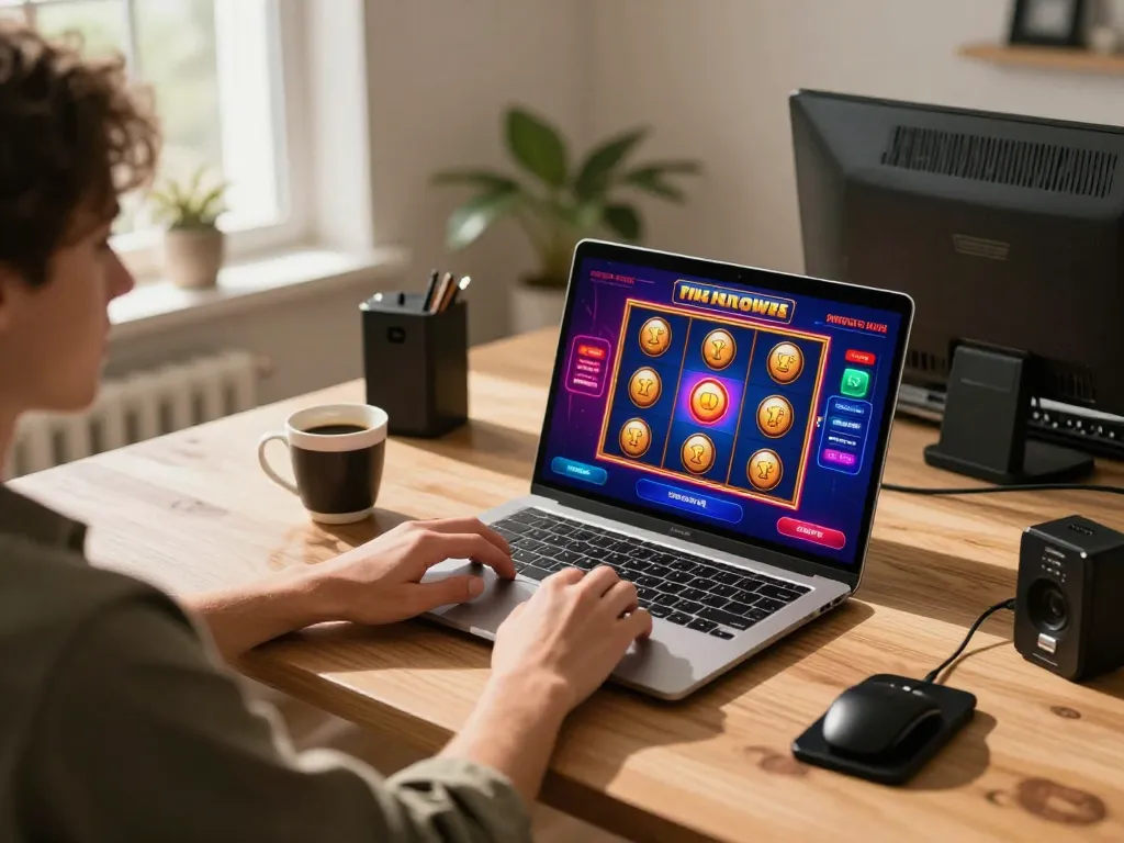 Engaging with slot games on kuwinfi in a cozy home office setting, showcasing modern online gaming.