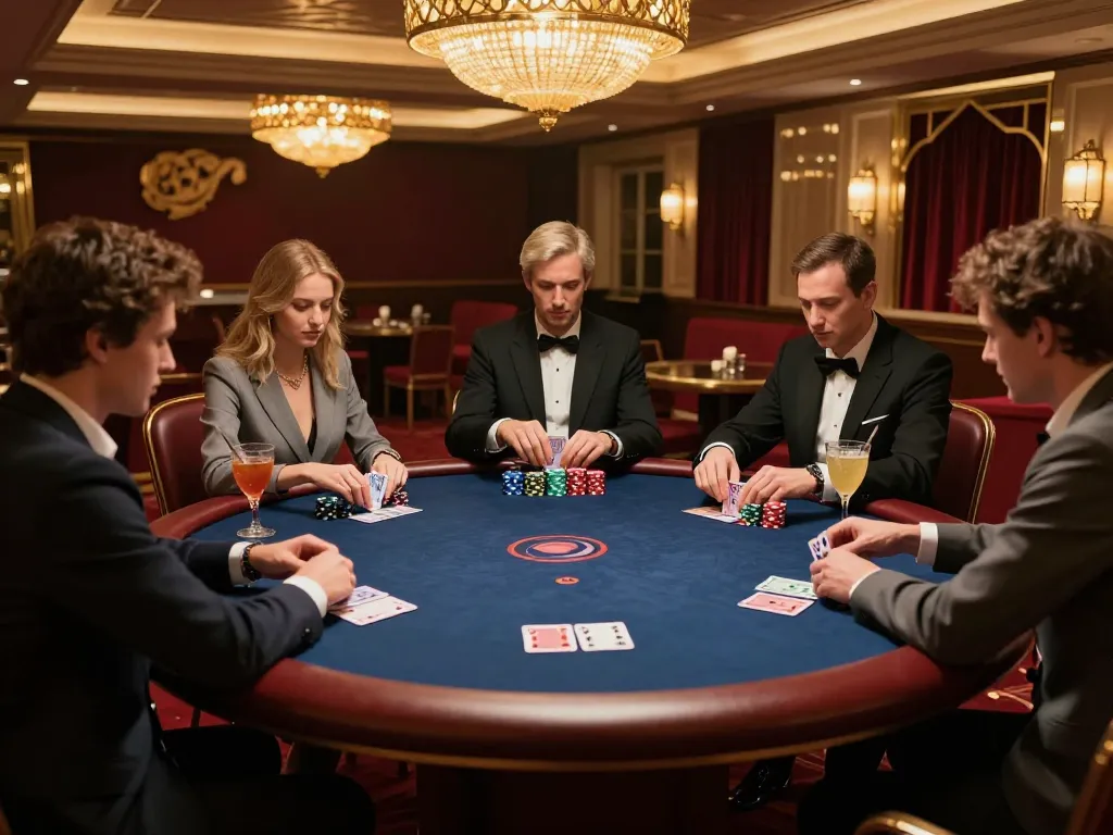 Experience the thrill at kp88 with players engaged in a high-stakes poker game surrounded by luxury.