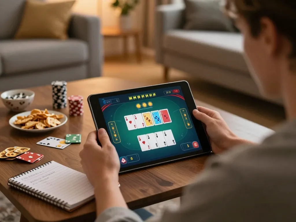 Engage in online poker gaming at home with amigogrillandco's platform, showcasing vibrant gameplay.