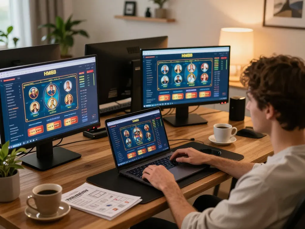 Player analyzing betting strategies at HM88 online casino on multiple screens in a cozy setup