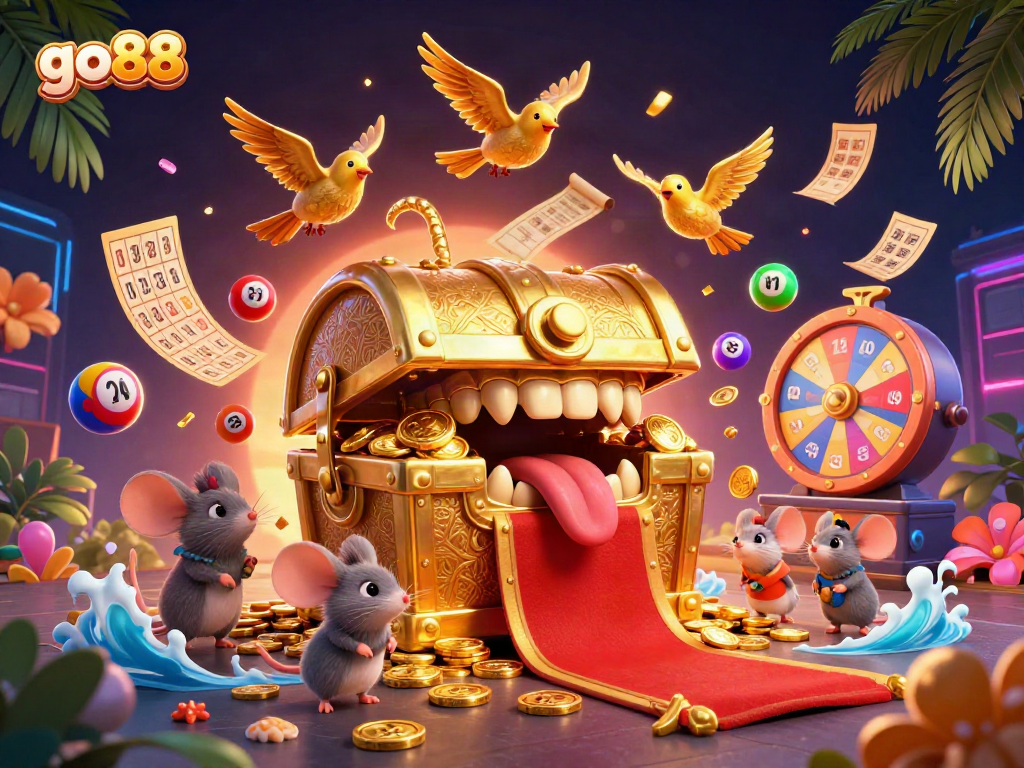 Experience the thrill of go88 with adventurer mice lured by treasures in this vibrant casino scene.