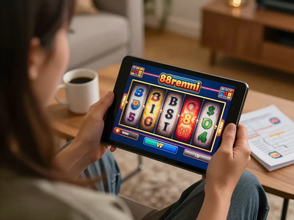 Engaging gameplay on slot88 resmi as player interacts with vibrant online slot interface at home