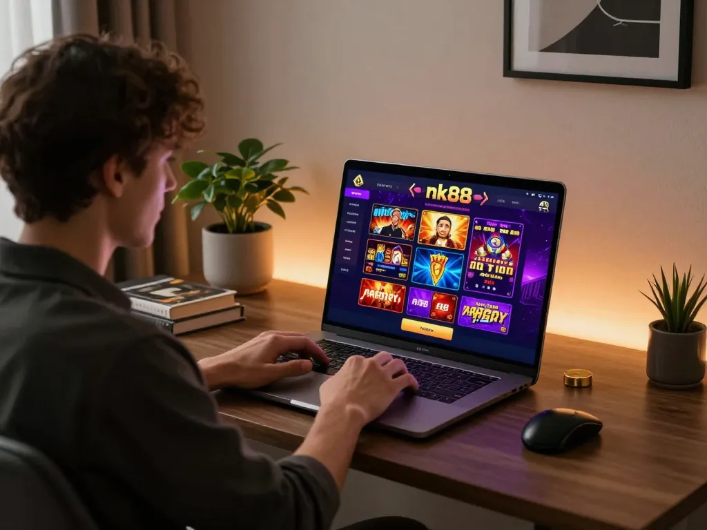 Engaged player navigating the nk88 online casino interface from the comfort of home.