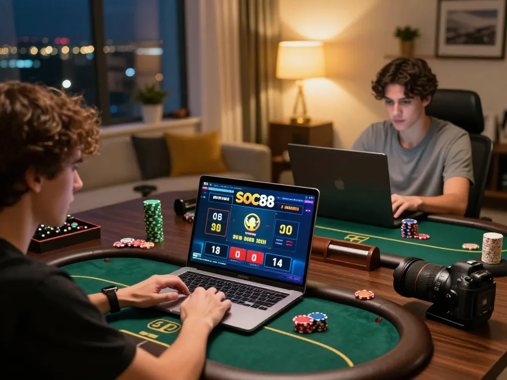 Engaging poker gameplay on soc88’s online platform with player focusing on strategy.