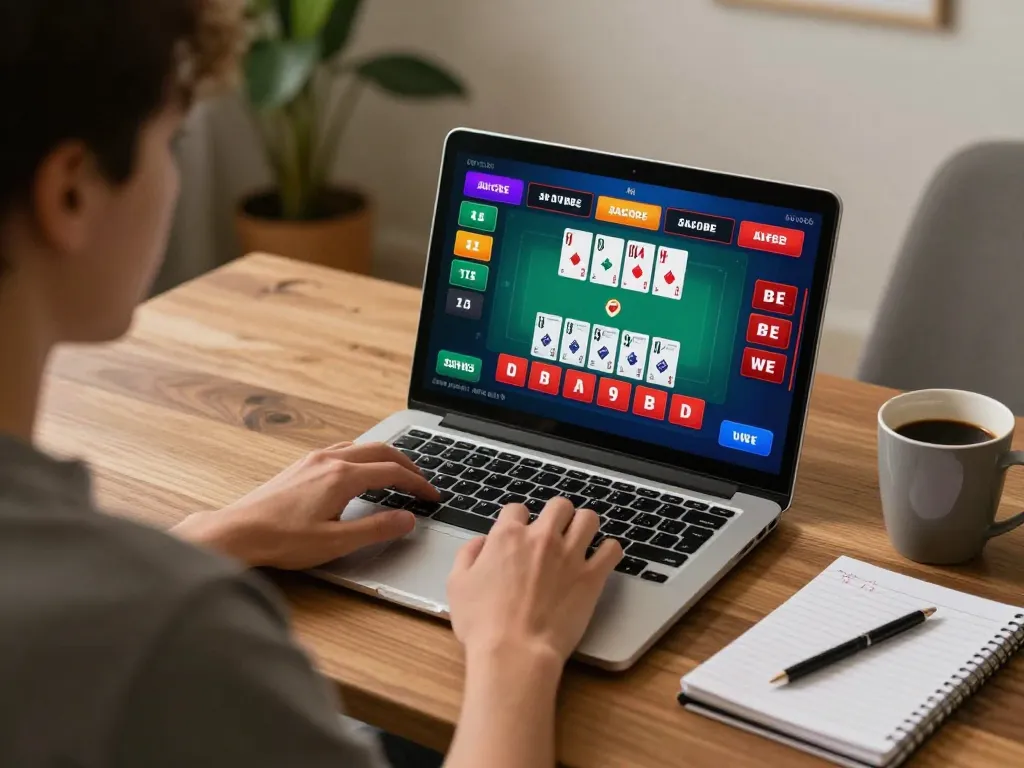 Playing blackjack at online usa casinos, with vibrant screen and strategic notes visible.
