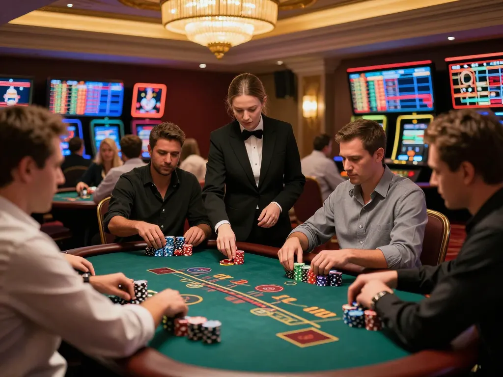 Players engaged at TR88Vina blackjack tables, showcasing high-stakes excitement in a luxury casino.
