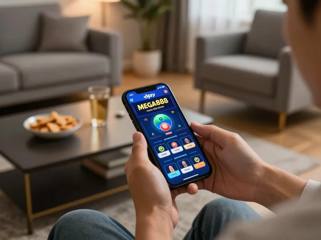 Engaging in apk mega888 mobile gambling with the app interface visible on a smartphone in a cozy living room
