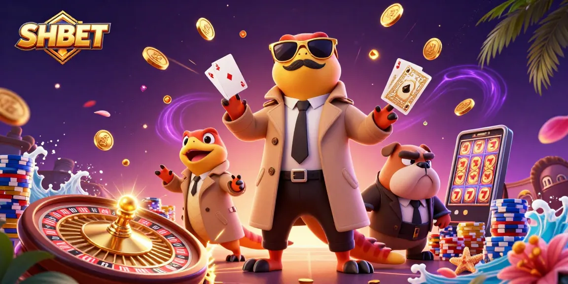 SHBET immerses players in a vibrant casino adventure with spinning roulette and cascading coins.