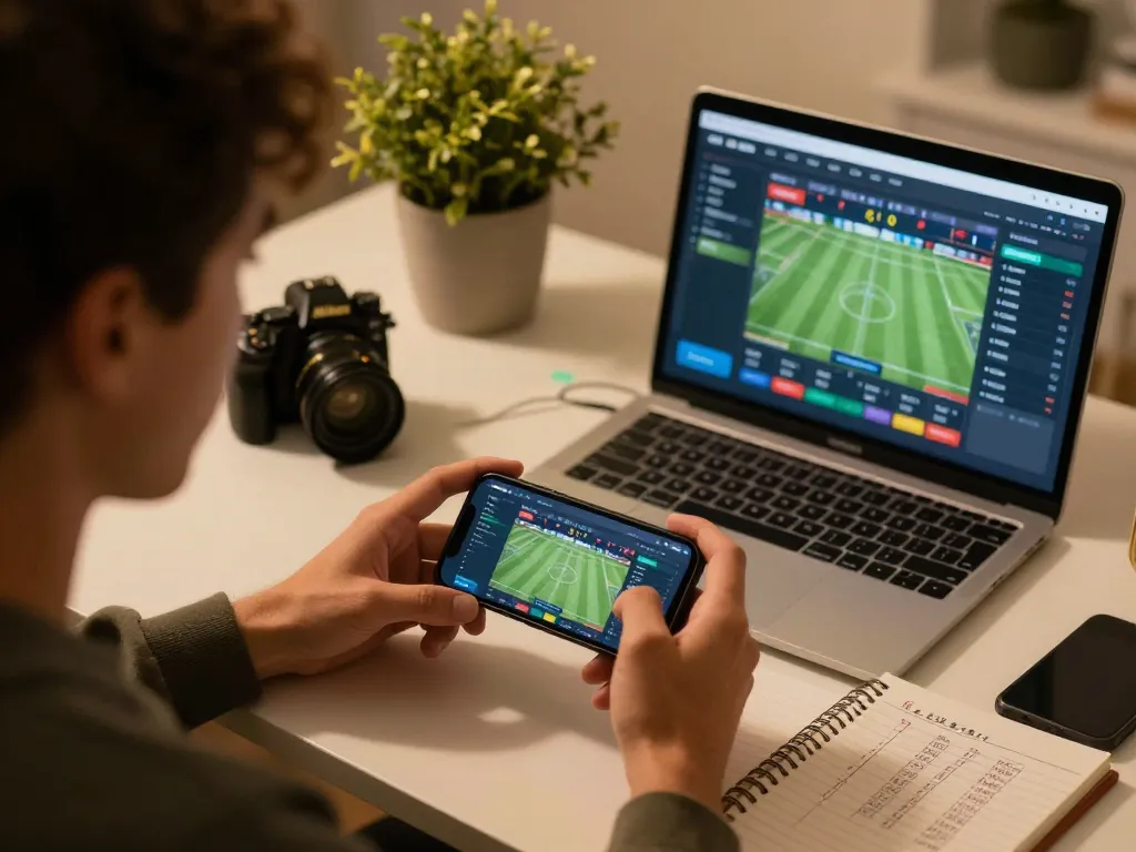 Player strategizing on sc88 sports betting app on smartphone in a cozy home workspace