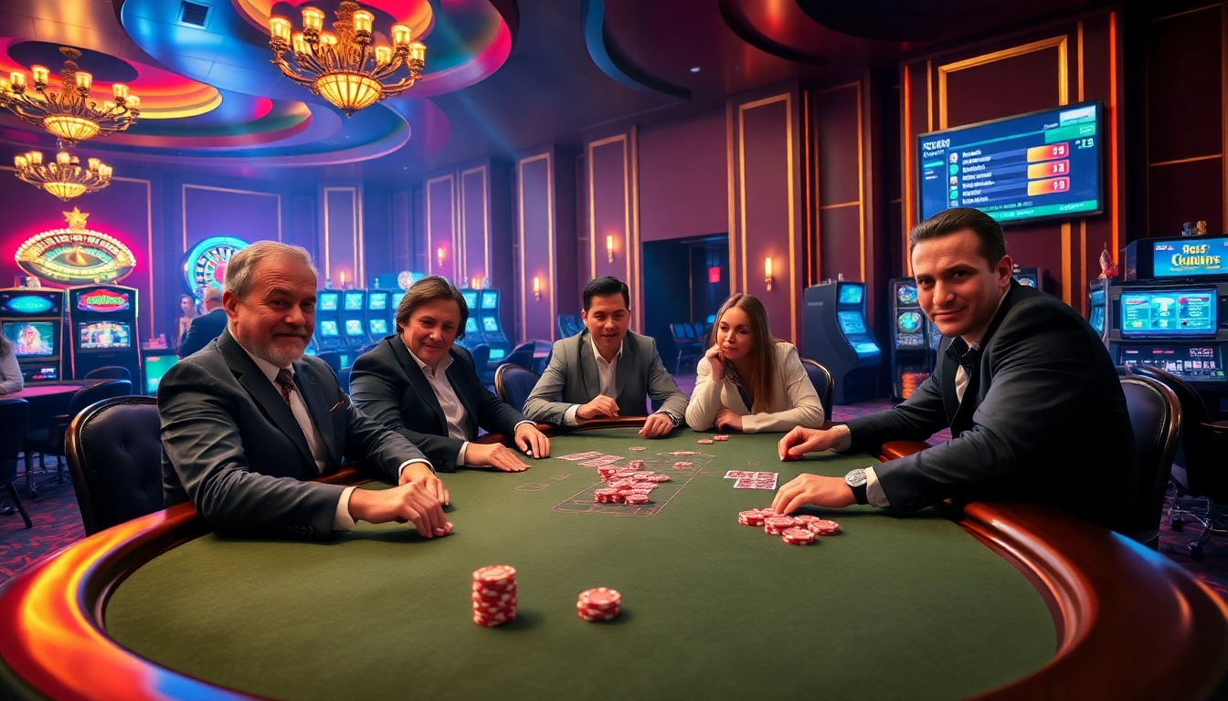 Experience thrilling poker action at Okking’s lavish casino table surrounded by excitement.