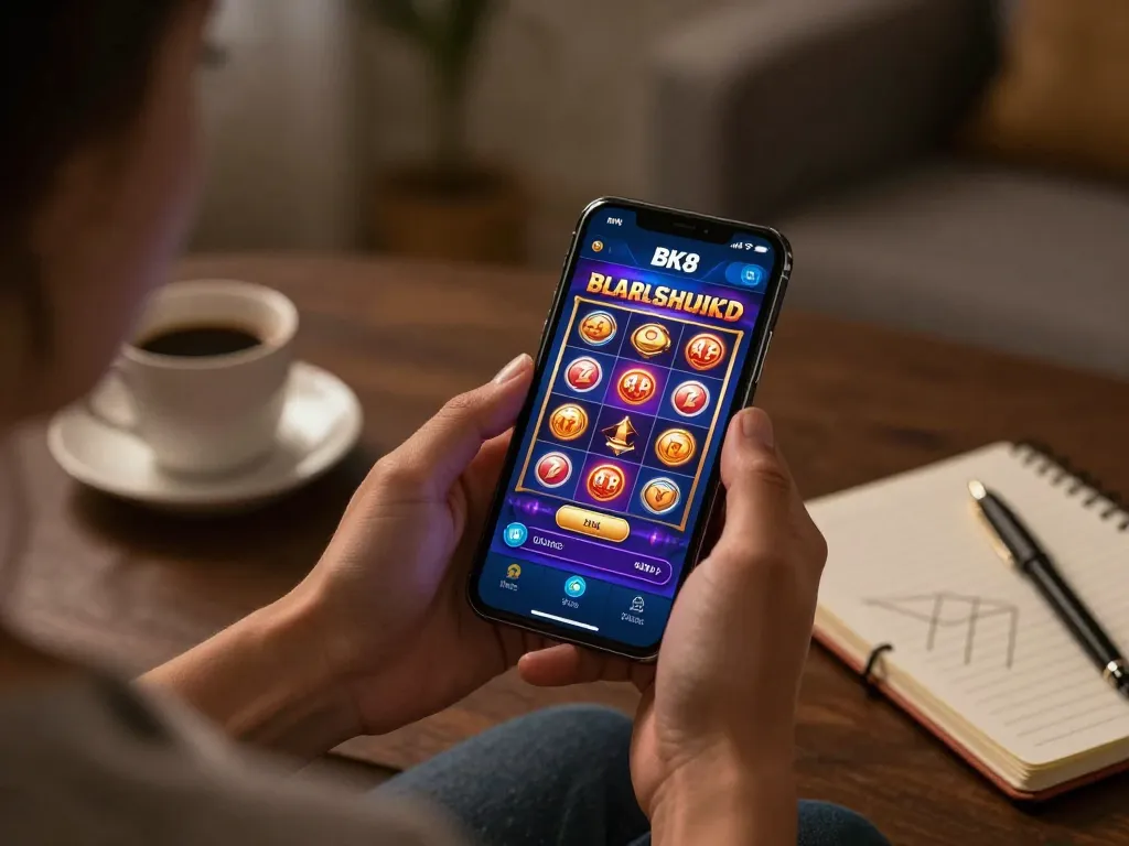 Engaging with the BK8 casino app on smartphone, showing vibrant slot game interface in cozy setting.